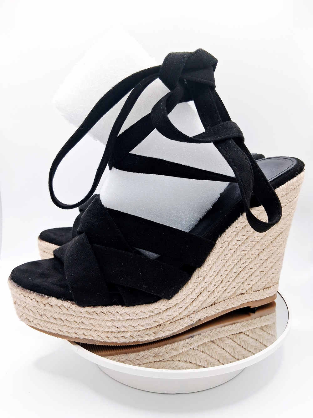Black Lace-Up Espadrille Wedge Sandals Womens
